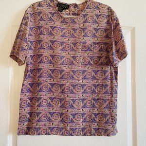 Vintage Classiques Womens 100% Silk Graphic Print Purple Short Sleeve Top Blouse